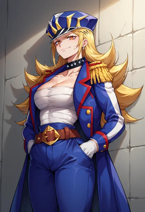 score_9, score_8_up, source_anime, 1girl, solo, KamiuntenMira, long hair, peaked cap, spiked collar, blue coat, epaulettes, sarashi, cleavage, collarbone, white gloves, brown belt, blue pants, hands in pockets, leaning against wall, smirk, 
