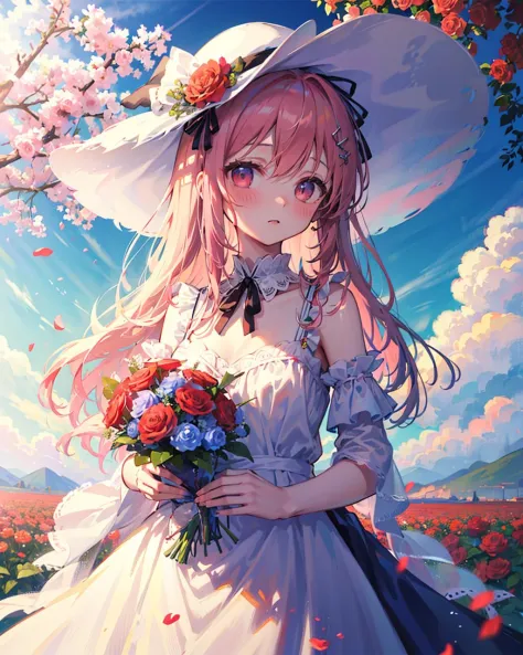 ((masterpiece, best quality)), 1girl, flower, solo, dress, holding, sky, cloud, hat, outdoors, bangs, bouquet, rose, expressionl...