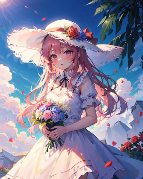 ((masterpiece, best quality)), 1girl, flower, solo, dress, holding, sky, cloud, hat, outdoors, bangs, bouquet, rose, expressionl...