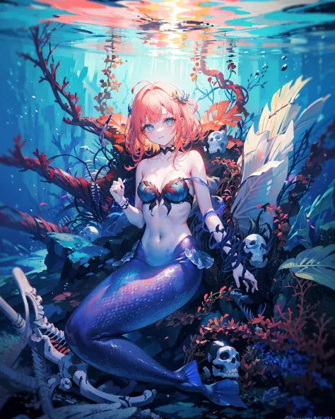 1girl, underwater, skeleton,corpse,Beneath the sea, where tendrils of coral and vines abound, a (mermaid) girl stares at you from amidst a pile of bones and skulls. Her eyes gleam with an eerie light.