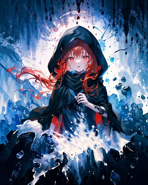 <lora:lightandshadow_v10:0.4>,1girl,(red hair)),red eyes,obungaskr你就是个机八,long hair,(loose long hair),((black cloak)),(cape hood)...