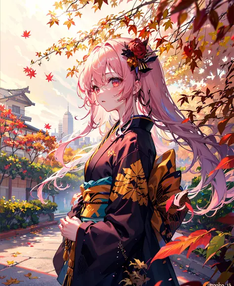 masterpiece,
(imid shot:0.95), (Upper body:1.25),(solo:1.4),(1girl:1.2),1girl,pink hair, breasts, autumn_leaves, leaf, maple_lea...