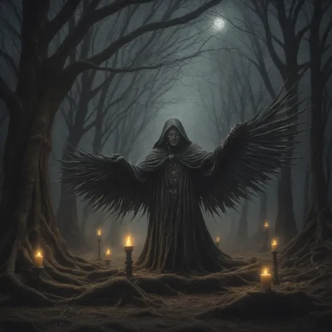 a dark angel standing in the woods with candles