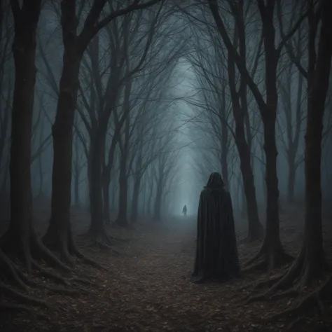 a person in a cloak walking through a dark forest