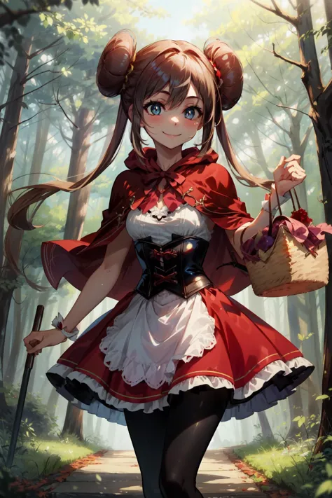 masterpiece,best quality,1girl,ro1,hair bun,blue eyes,twintails,RedRidingHoodCh,red dress,corset,red capelet,red hood,pantyhose,smile,happy,lunch basket,walking and jumping,forest,<lora:RedRidingHood:0.6>,<lora:rosa_(pokemon)_v10:0.7>,