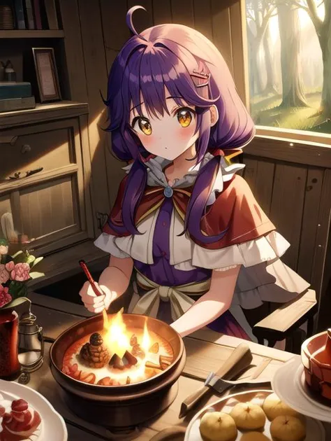 anime girl with purple hair cooking food in a bowl