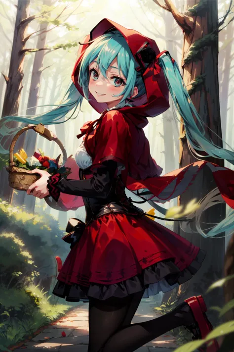 masterpiece,best quality,1girl,hatsune miku,long twintails,RedRidingHoodCh,red dress,corset,red capelet,red hood,pantyhose,smile,happy,lunch basket,walking and jumping,forest,from side,<lora:RedRidingHood:0.8>,