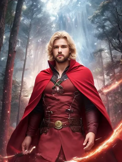 ethereal fantasy, magnificent, celestial, ethereal, painterly, epic, majestic, magical, fantasy art, cover art, dreamy, <lora:Detail - add_detail:0.2>,  RedRidingHoodCh,  red dress:3, woods, red cloak, red hood, red capelet, blonde hair, 30 year old man, crossdressing, happy, muscular, buff,