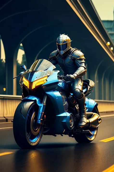a man (knight in shiny armor, armor is highly detailed and symmetrical) riding on a sleek dark blue and gold ftsbk racing motorc...