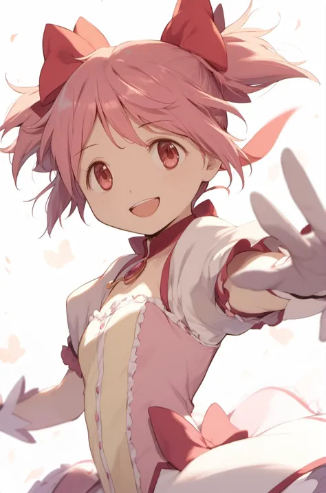 anime girl with pink hair and pink dress holding her hand out