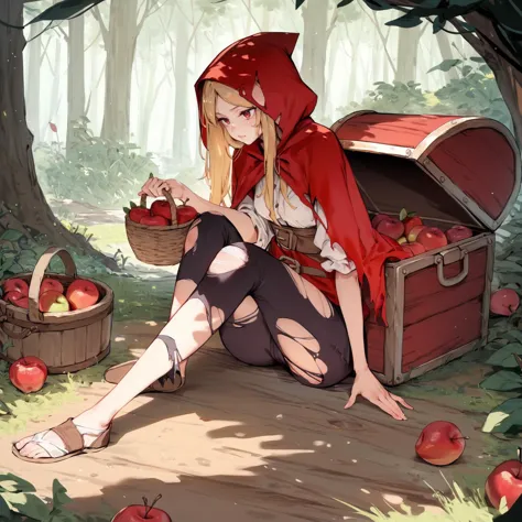 there is a girl sitting on the ground with a basket of apples