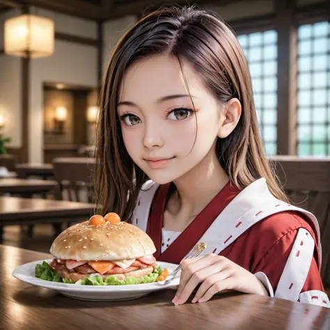 a close up of a woman sitting at a table with a plate of food