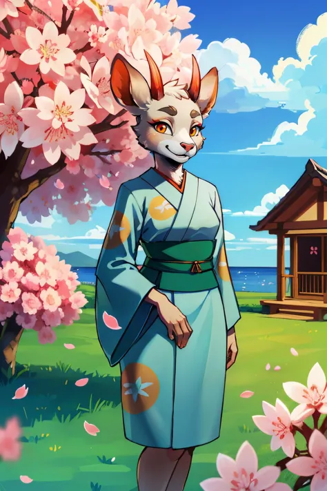 Shino, furry, red horns,deer ears,orange eyes,hooves,white fur,makeup,eyeshadow, green kimono,sash, looking at viewer, smiling, happy, medium shot, standing, outside, field, cherry blossom, house, ocean, blue sky, high quality, masterpiece,  <lora:ShinoV2:.7>