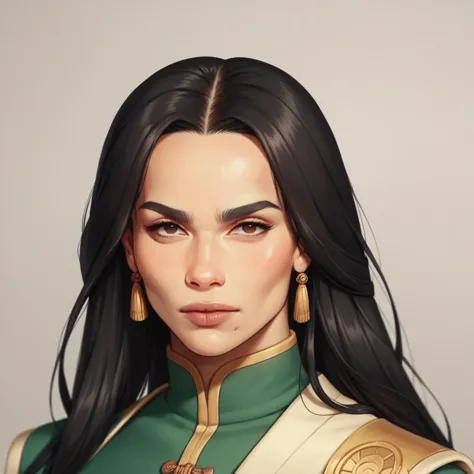 a woman with long black hair and a green and gold outfit