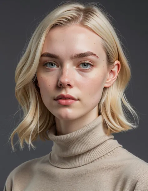 a woman with blonde hair and a turtle neck sweater