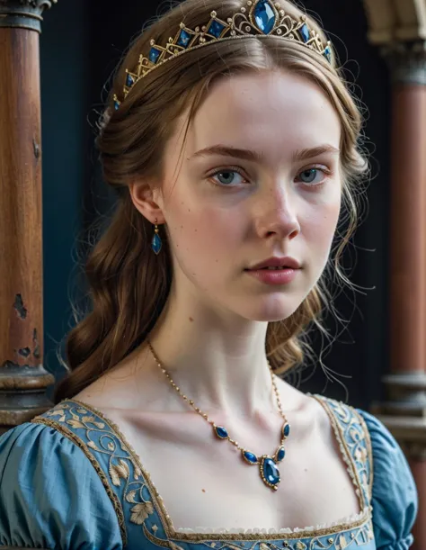 a close up of a woman wearing a blue dress and a tiable