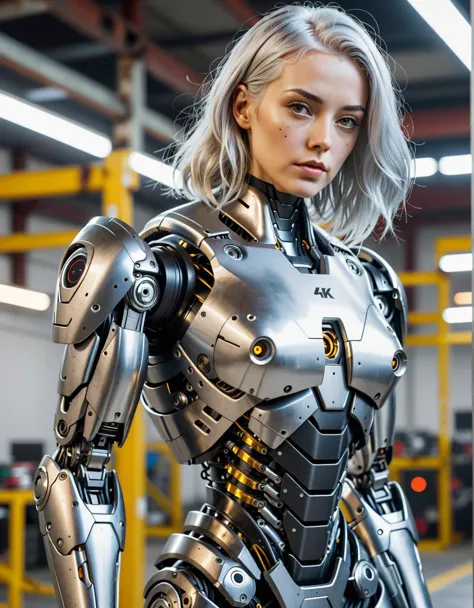 a woman in a silver suit standing in a warehouse