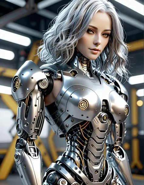 8K, realistic, sexy robot, components with armor mixed, silver hair