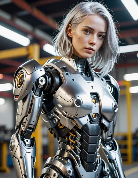 8k, Réaliste, Robot sexy, composants avec armure mélangée, cheveux argentés