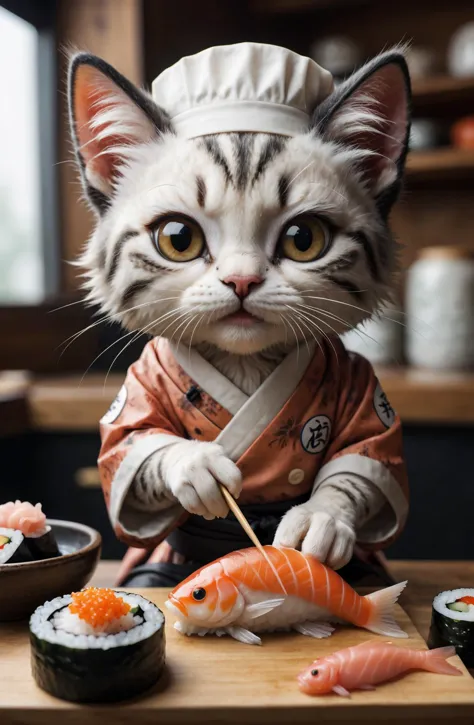 a close up of a cat in a chef's hat preparing sushi