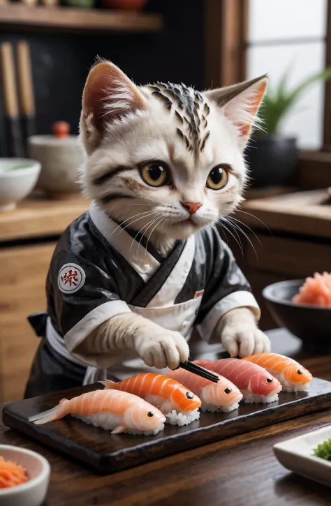 tolle Qualität, Extrem detailliert,
Japanisches Sushi-Koch-Kätzchen macht Fisch-Sushi von Hand, herunterschauen,
Extrem detailliert,