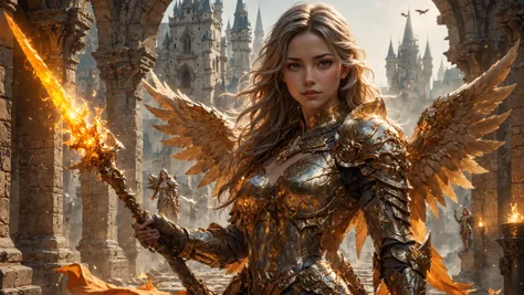 Cinematic shot of adult beautiful female angel knight wearing golden armor,  holding orange glowing spear, castle in background,...