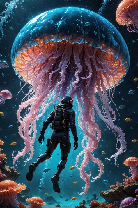 a man in a diving suit floating in the ocean with jellys