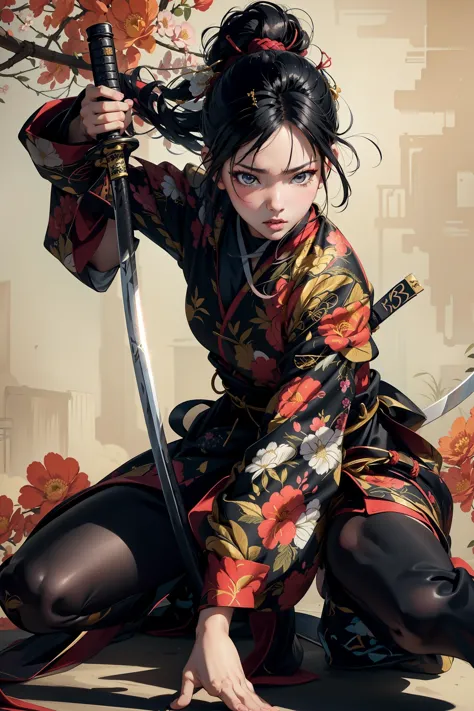 xuer ai yazawa style girl,1girl,solo,holding weapon,katana,floral print,looking at viewer,fighting stance,eastern dragon,braid,f...