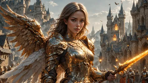 Cinematic shot of adult beautiful female angel knight wearing golden armor,  holding orange glowing spear, castle in background,...