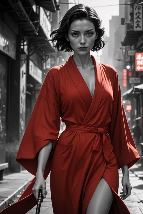 a woman in a red robe holding a gun on a city street