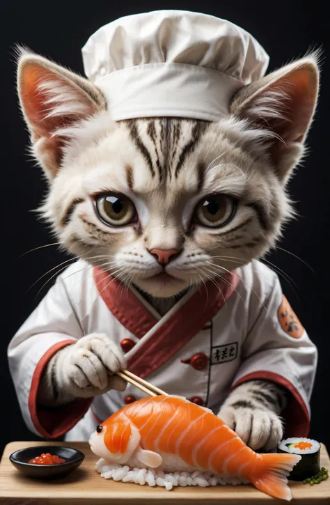 amazing quality, ultra detailed,
Japanese sushi chef kitten is making fish sushi by hand, looking down,
<lora:extremely_detailed...
