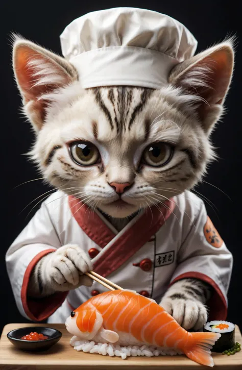 calidad increíble, ultra detallado,
Un gatito chef de sushi japonés está haciendo sushi de pescado a mano, mirando abajo,
extremadamente detallado,