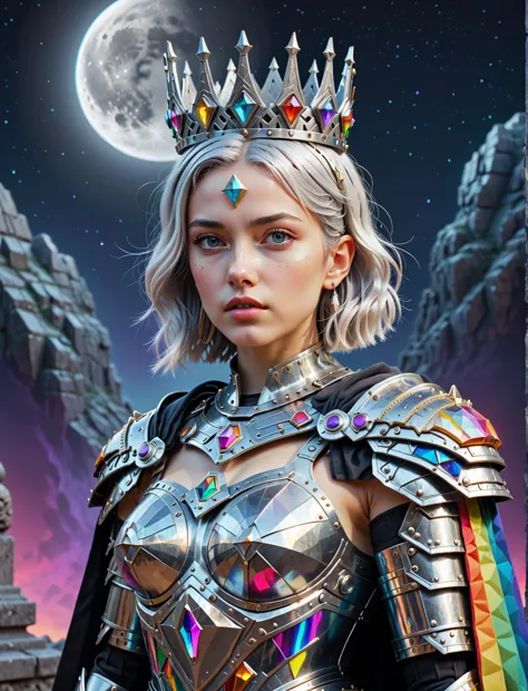 futuristic sexy princesses armor, vibrant colors, women, silver hair, small princesses crown, black cape, intricate details, gor...