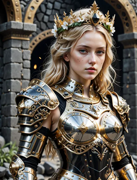 Beyond_Realistic, futuristic sexy princesses armor, gold black, women, blond hair, princesses flower crown, intricate details, g...