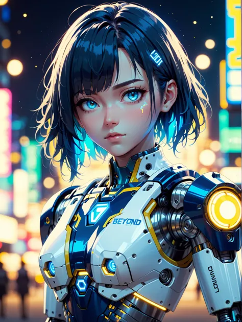 B_Anime, glowneon, a robot girl, blue, yellow, (text "Beyond"), B_illuminated, bokeh, sparkles