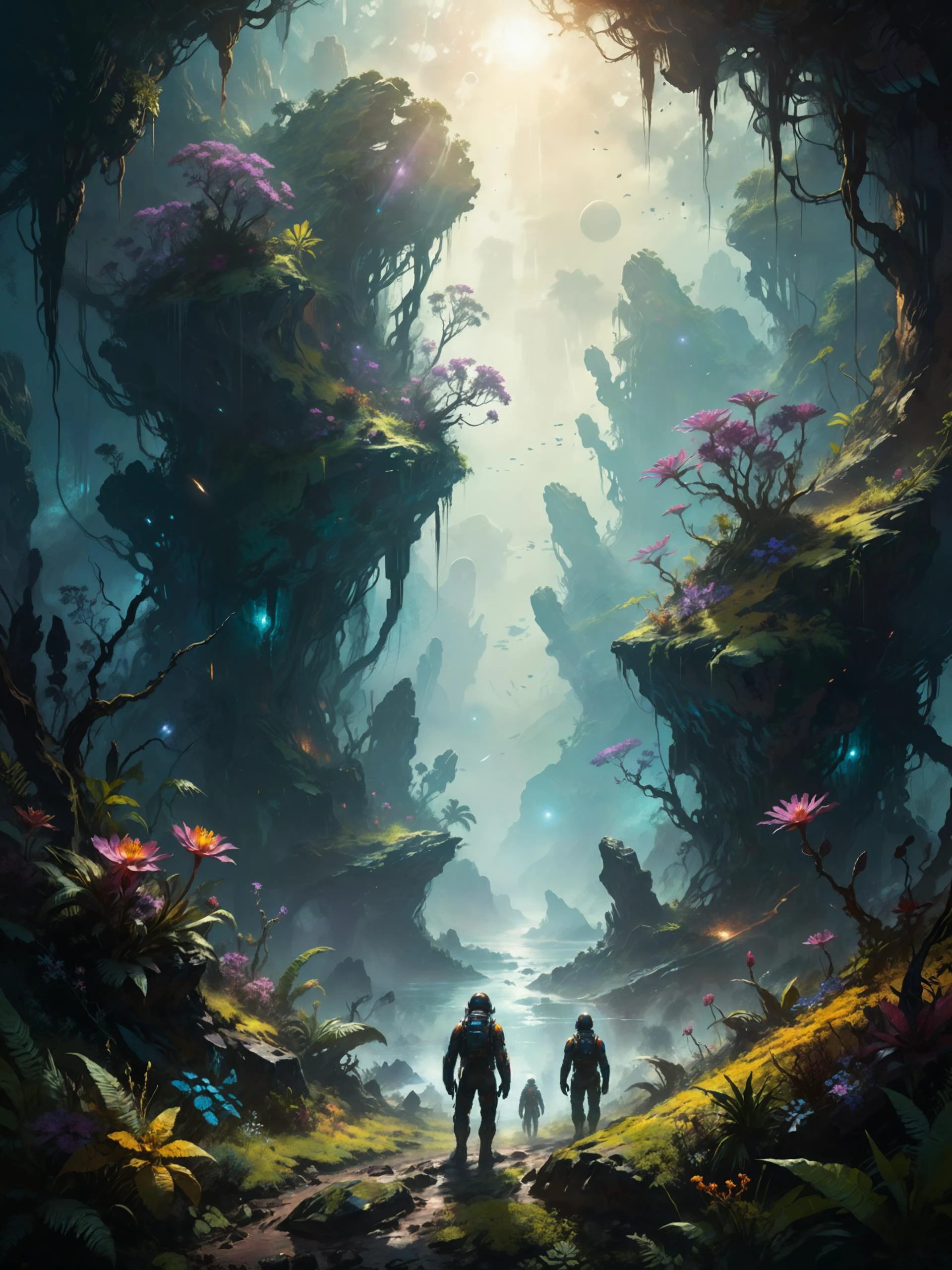 obra de arte famosa de (Stephan Martiniere:1.3) y (te equivocaste:1.4) y (Jarek Kubicki:1.2) y (John Berkey:1.4) y (aleksey savrasov:1.3) y (Ralph Blakelock:1.4), (estilo ciencia ficción:1.3), arte del cartel, (un par de exploradores galácticos:1.4) en un planeta selvático de otro mundo, mythical y inscrutable lyscape, (mind-bending y cryptic plants y bioluminescent flowers:1.4), exoplaneta, formaciones rocosas irregulares, Luz moteada, rincones oscuros, Pintoresco, tranquil, pictórico, hora dorada, (negro:0.9), (verde azulado:0.9), (rojo burdeos:0.9), (púrpura:0.8), (blue:0.7), (cian:0.6), (amarillo:0.5), (Naranja:0.5), (excepcionalmente hermoso, Ultra detallado, 8k, uhd:1.4)