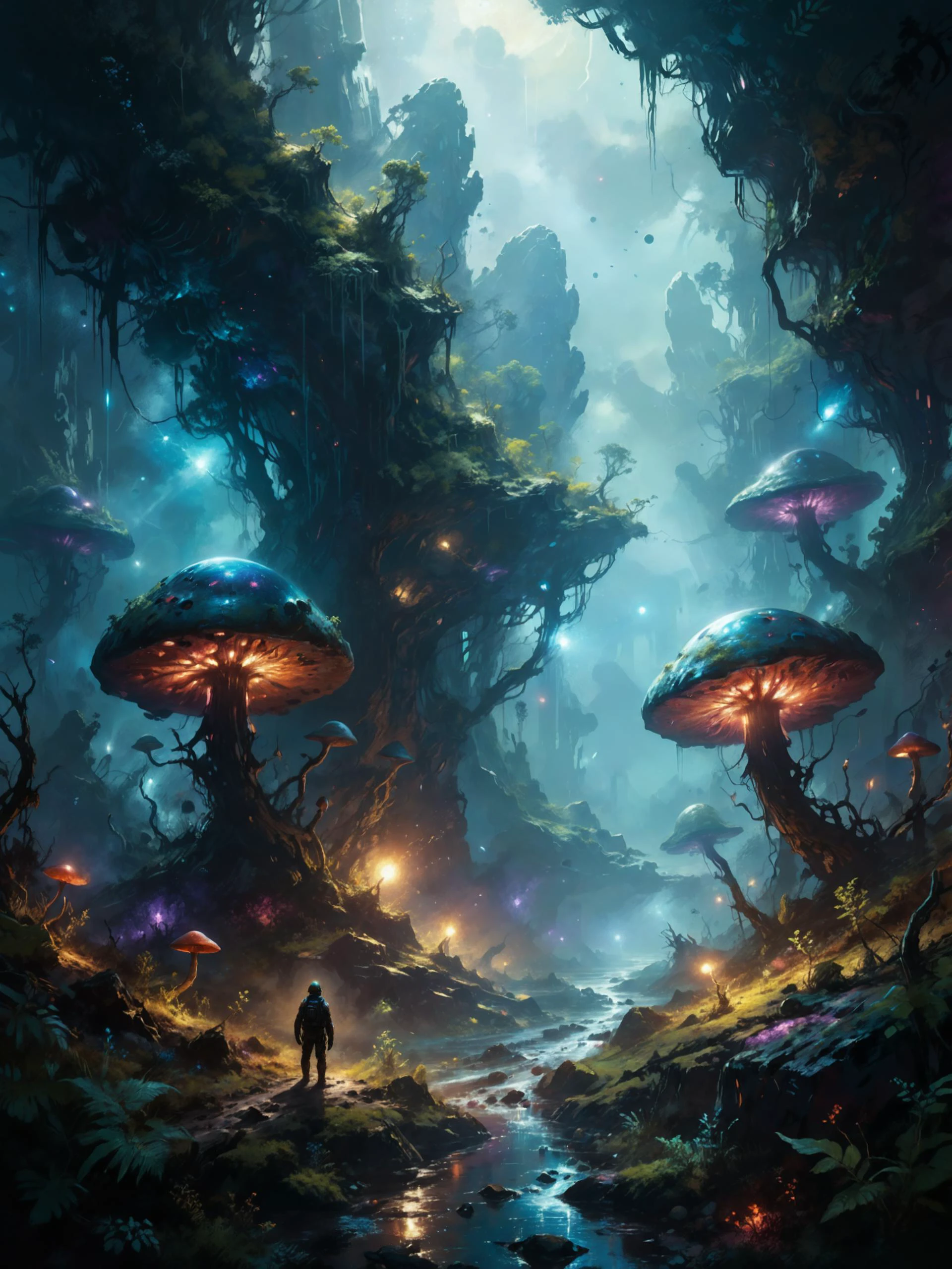 œuvre célèbre de (Stephan Martinière:1.4) et (Alexeï Savrassov:1.2) et (Maurice Sapiro:1.2) et (Tu avais tord:1.4) et (Jarek Kubicki:1.4) et (John Berkey:1.2), (style science-fiction:1.3), art de l&#39;affiche, (une paire d&#39;explorateurs galactiques:1.3) sur une planète forestière d&#39;un autre monde, eccentric et outletish letscape, (enigmatic et puzzling plants et bioluminescent fungi:1.3), exoplanète, formations rocheuses déchiquetées, Lumière tachetée, Coins sombres, Pittoresque, tranquille, pictural, la nuit, ciel de nébuleuse, faisceaux de clair de lune, éclairage volumétrique, (noir:0.9), (sarcelle:0.9), (rouge bordeaux:0.9), (violet:0.8), (bleu:0.7), (cyan:0.6), (jaune:0.5), (orange:0.5), (exceptionnellement belle, ultra détaillé, 8k, UHD:1.4)