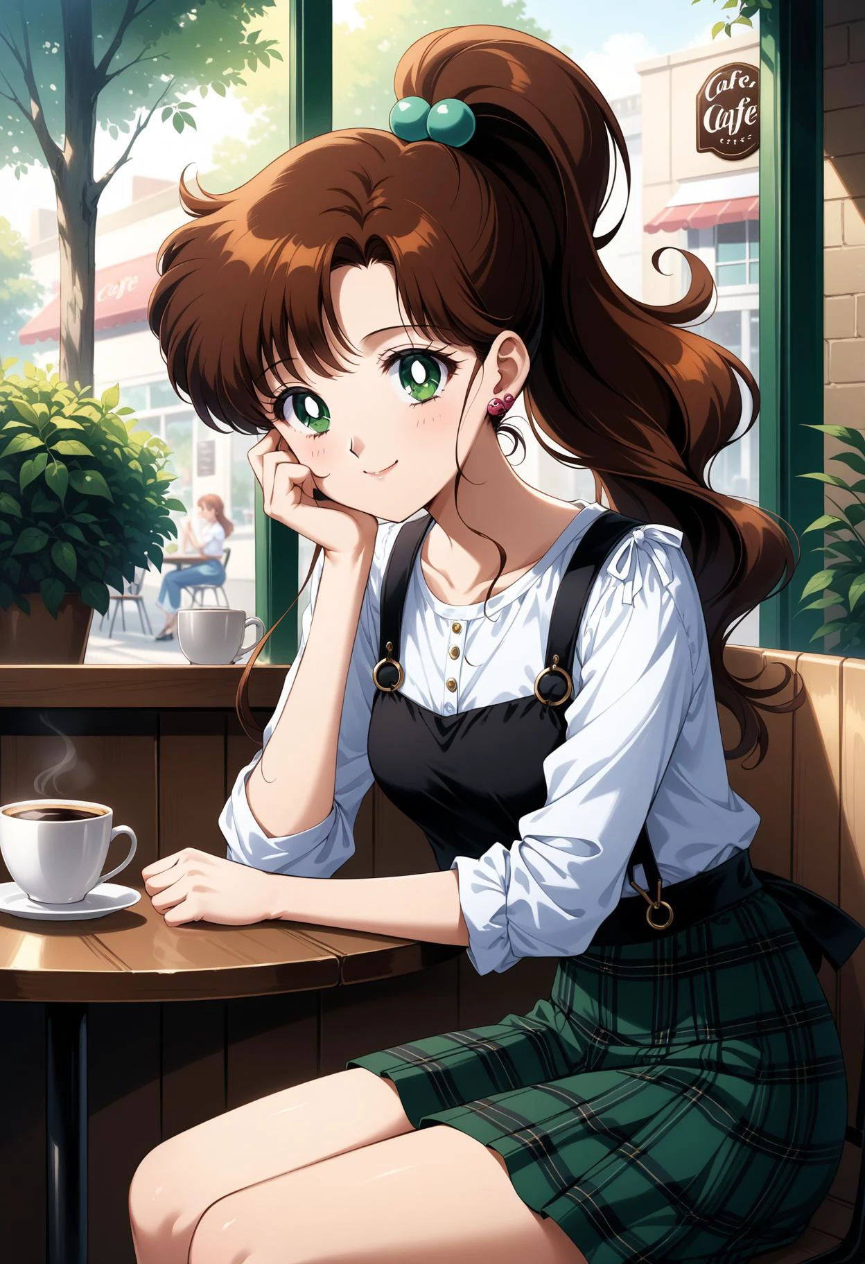 (masterpiece, best quality, very aesthetic, ultra detailed), intricate details, 4k, aajupiter, long hair, brown hair, ponytail, hair bobbles, earrings, green eyes, casual, miniskirt, suspender skirt, plaid skirt, sitting, cafe, table, coffee, cup, smile, hand on own face,