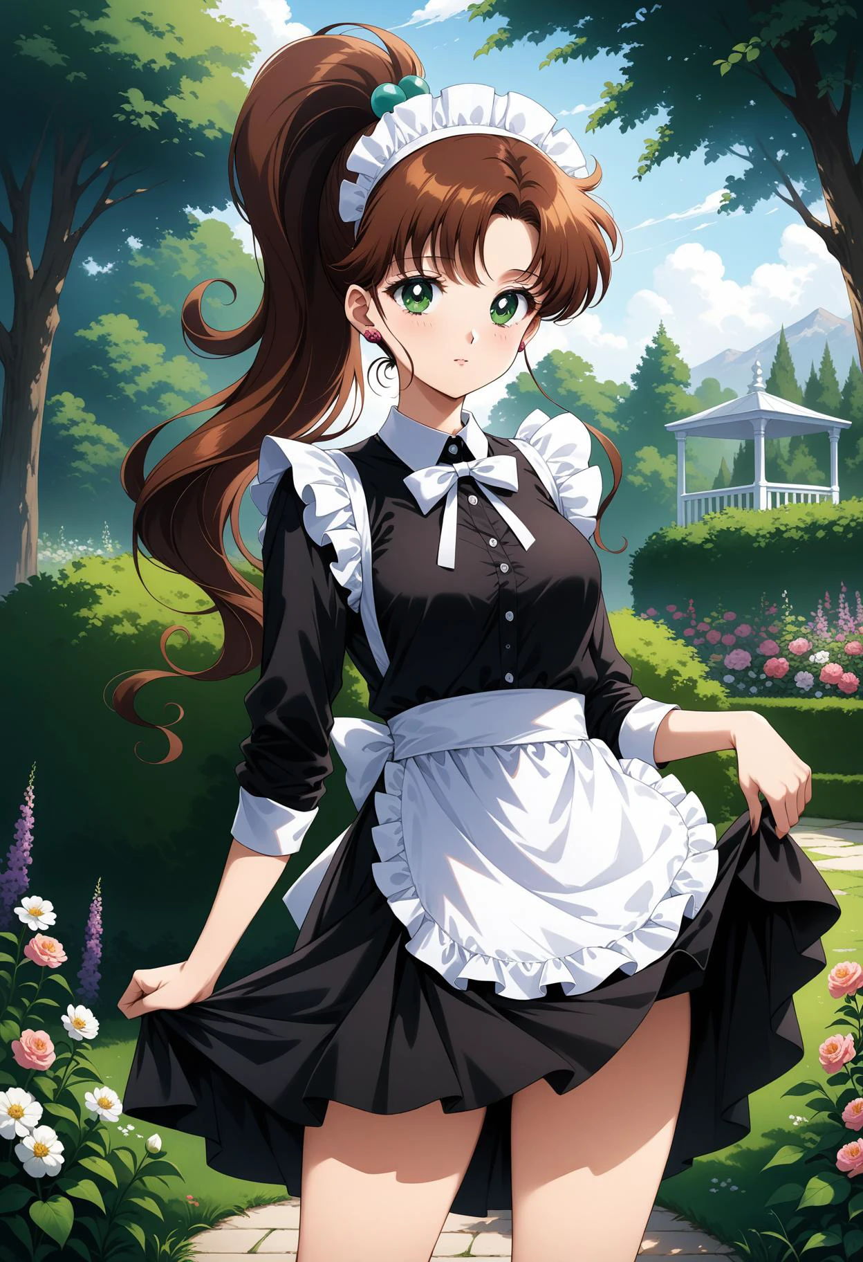 (masterpiece, best quality, very aesthetic, ultra detailed), intricate details, 4k, aajupiter, long hair, brown hair, ponytail, hair bobbles, earrings, green eyes, maid, maid headdress, garden, standing, cowboy shot, skirt hold,