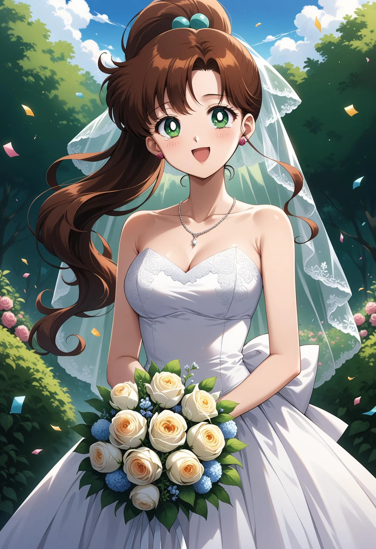 (masterpiece, best quality, very aesthetic, ultra detailed), intricate details, 4k, aajupiter, long hair, brown hair, ponytail, hair bobbles, earrings, green eyes, wedding dress, white dress, strapless, necklace, garden, confetti, smile, open mouth, tearing up, cowboy shot, standing, holding bouquet, bridal veil