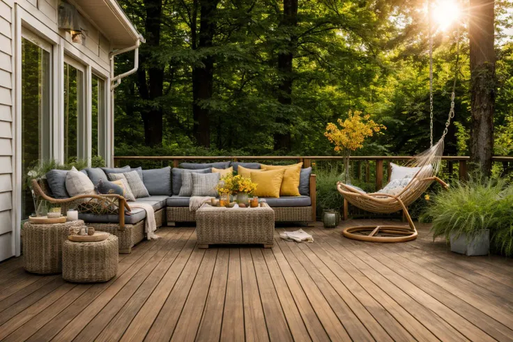 a close up of a patio with a couch and chairs