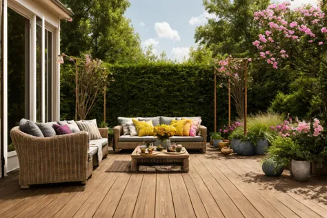 a close up of a patio with a couch and a table