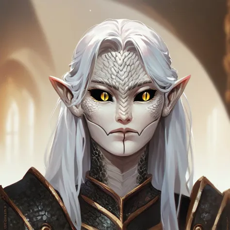 a close up of a person with a white hair and yellow eyes