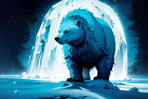 backlight,chilliness,ice storm,polar bear,
(blue theme,ice theme,beautiful nightsky,glowing ice:1.3)
(masterpiece, best quality, ultra detailed, hyper realistic, photo), delicate pattern, detailed background, super fine concept art,(darkness:1.4), dynamic lighting, faint light,high-contrast,