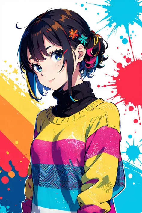 a woman with a colorful shirt and a colorful tie