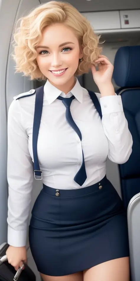 (white flight attendant uniform),looking at viewer,smiling,happy,curly blond short hair, standing, inside the airplane,