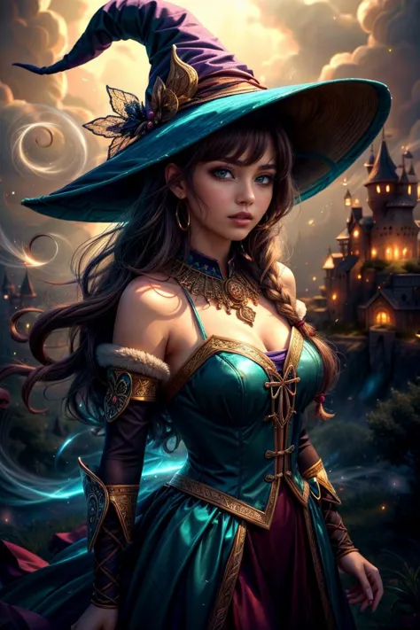 (best quality, masterpiece:1.3), 1 girl, adult  woman,  teal eyes, gray prom hairstyle,, portrait, looking at viewer, solo, upper body, detailed background,   witch hat, witch, magical atmosphere, hair flowing in the wind, purple trimmed dark colored clothes,   whirlwind of glowing magic flames in the air,  dark magic, (style-swirlmagic:0.8), floating particles, ruined castle background,  backlighting, dim light,, <lora:RootsBranchesAIv5:0.4>, RootsBranchesAI, <lora:add_detail:1>