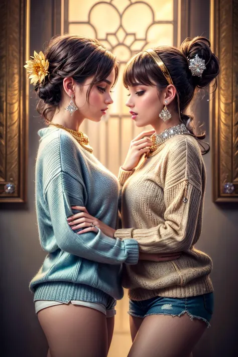 (best quality, photorealistic, masterpiece:1.3), 2girls kissing each other wearing shorts and oversized sweater, gold details ,i...
