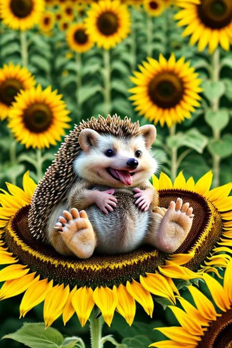 a close up of a hedge sitting on a sunflower with its paws on the ground