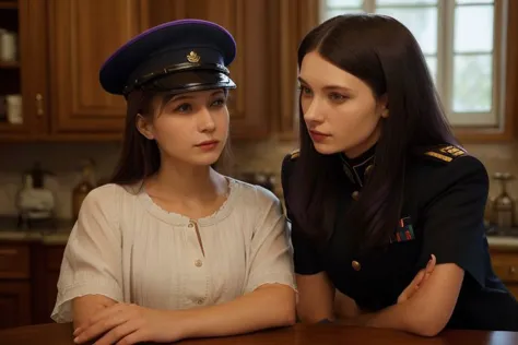 two women in uniform are sitting at a table in a kitchen